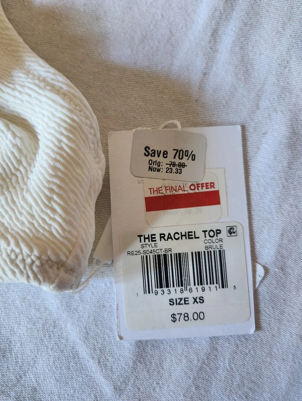 NWT Solid & Striped The Rachel Bikini Top XS Cream Ivory Textured